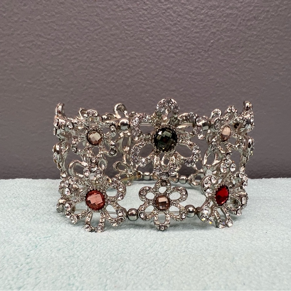 Elegant Silver and Red Floral Bracelet